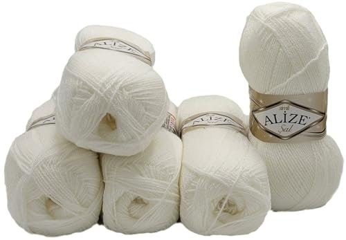 5 x 100 g Ilkadim Export Glitzerwolle SAL zum Stricken und Häkeln, 500 Gramm Metallic – Wolle (weiss 55)