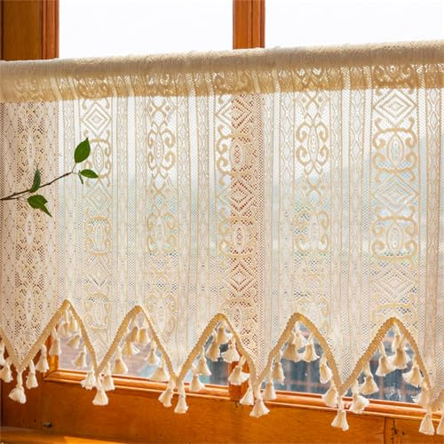 champracer Scheibengardinen Landhausstil, Häkelgardine Bistrogardine Vintage Halbe Gardinen Fenster, Scheibengardinen Boho Leinen Kurzgardine Weihnachten Mit Fransen Für Kleine Fenster (BxH 90x38 cm)