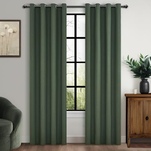 MRTREES 100% Blickdichte Vorhänge mit Ösen Leinenoptik Schlafzimmer Verdunklungsvorhänge 2er Set, Vorhang Lichtundurchlässig 225 cm Lang Gardinenschals Wohnzimmer 140 cm Breit, Oliv-grün