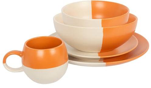 Nicola Spring Getaucht Tafelservice aus Steingut - Gebranntes Orange - 20pc 4 Personen Keramik Heim Anlasser Küche Essen Geschirr Platten Schüsseln Tassen Gerichte - Mikrowelle & Spülmaschinenfest