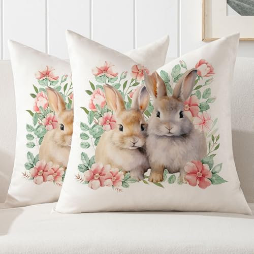 Kiatuniya Ostern Kissenbezug Hasen Kissen 45 x 45 cm Frühling Rosa Blume Osterdeko Sofakissen Modern Zierkissenbezug Cushion Cover Couch Wohnzimmer Deko Bunny Kissenhüllen 2er Pack