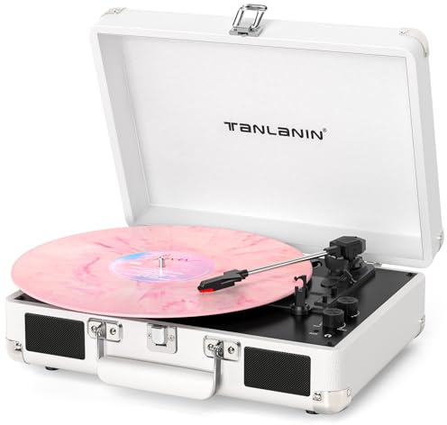 Tocadiscos vintage de maleta – Tocadiscos LP de 3 velocidades con transmisión por correa, reproductor de vinilo Bluetooth, altavoces integrados, parada automática, control de graves, diseño retro