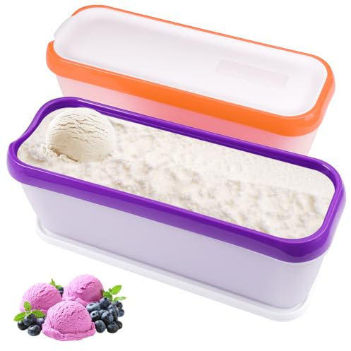2er-Set Recipientes para Helados 1,5 L,Recipientes para Helados Caseros con Tapa,Sin BPA,Inastillables,Antideslizantes,Recipientes para Helados Caseros, Helados de Frutas, Batidos,Naranja y Morado