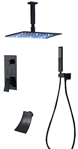 FLUXGOONE Sistema Doccia termostatico a Pioggia Nero, Set Doccia con Display Digitale a LED, Set Doccia in Ottone, Miscelatore a Pioggia Montato a soffitto con beccuccio per Vasca a Cascata, Doccia a