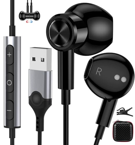 AIAUXAI USB Earbuds with Microphone for PC,USB A Headphones for Computer,7.5Ft laptop Headset Wired Magnetic Noise Cancelling Earphones for HP Dell Laptops for Surface Switch Business Office,Black