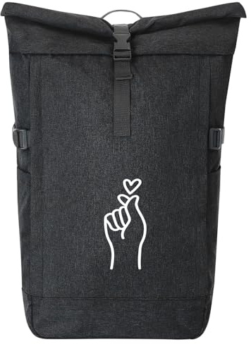 Huuraa Kurierrucksack K-Pop Fingerherz Zeichen Geschenk | 30-44 Liter Backpack Black Melange Fairtrade Rolltop Rucksack Geschenkidee Schwarzer Laptop-Rucksack passend für 17-Zoll