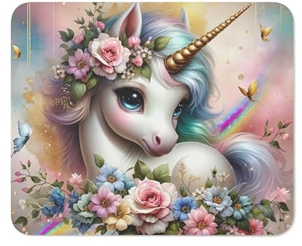 Teecustom Tapis de Souris Licorne Féerique avec Fleurs et Arc-en-Ciel Illustration Fantastique Pastel Rose, Doré et Bleu Accessoire de Bureau Magique pour Enfant, Ado ou Adulte Créatif