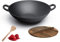 QSYJCCXD Wok Pan chino prepacio de hierro fundido Wok antiharrillo de hierro sin palanca Freír profundo con tapa manejada y de madera para saltar, asar, freír, visión humeante