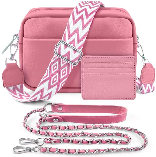 BROTOU Crossbody Bag for Women, Leather Handbag & Shoulder Bag with Adjustable Wide Strap, Chain Strap & 3-Slot Card Holder, Camera Cross Body Bag for Lady Girl Shopping Daily Use (A-Light Pink)