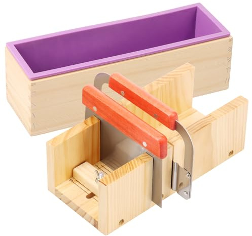 Seifenschneider Set Holz Handgemachte Seife mit Verstellbar Schneidetisch Rechteckig Silikon Form Edelstahl Wellenmesser Gerades Messer für DIY Seifenherstellung