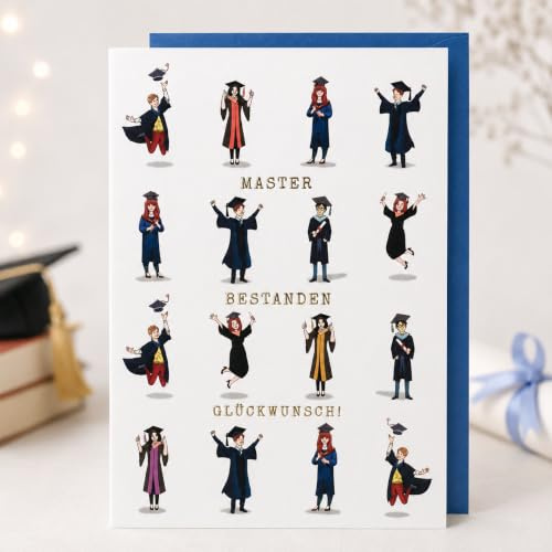 Michel Verlag Glückwunsch zum MASTER Abschluss. Hochwertige Klappkarte inkl. Umschlag. 12x17cm, Grußkarte Studium beendet – Geschenkidee Abschlussprüfung Universität, Made in Germany! (Doktorhüte)