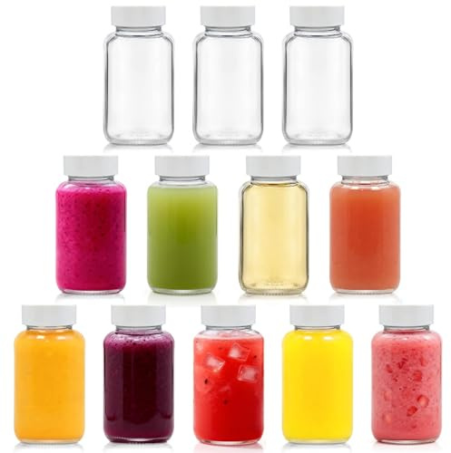 LIMILI 12pcs 120ml Glass Shot Bottles with Lids, Reusable Small Clear Ginger Bottles, Wide Mouth Leakproof Mini for Drinking, Dishwasher and Fridge Safe