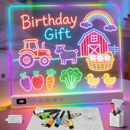 Cosmody Rechargeable LED Drawing Board for Kids, Large 16 Light Up Drawing Pad with 8 RGB Colors & 6 Dynamic Modes, Neon Art Dry Erase Board with Tracing Book & 7 Markers,Creative Gift for Girls Boys