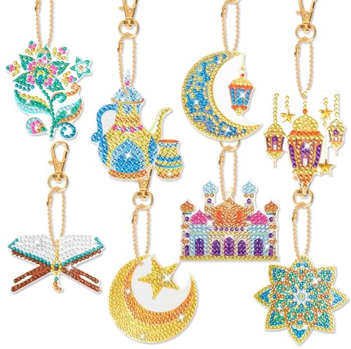 DPKOW Geschenke Ramadan Eid Diamond Painting Set, 8 Bastelset DIY Ramadan Eid Schlüsselanhänger Diamond Painting Anhänger Partygeschenk Gastgeschenke Islamische Kunst Muslimische