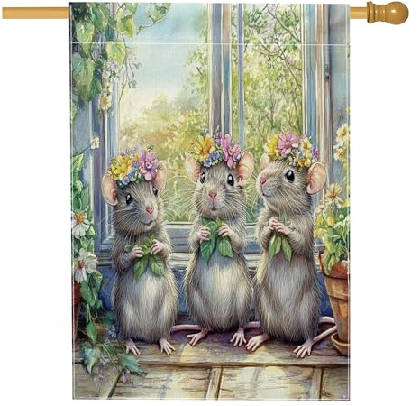 Spring Rat Mouse House Flags 28x40 Inch Double Sided for Outside, Window Potted Plant Animal Standard Vertical Canvas Home Flagge, Fun Scenic Front Yard Backyard Print Flag