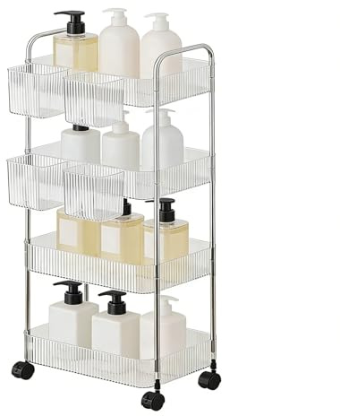 Générique Acrylic Rolling Storage Cart - Multi-Layer Organizer with Lockable Wheels | 2/3/4 Tier Snack Storage with Hangable Baskets, Portable Durable Cart for Home Office Kitchen Laundry Bathroom