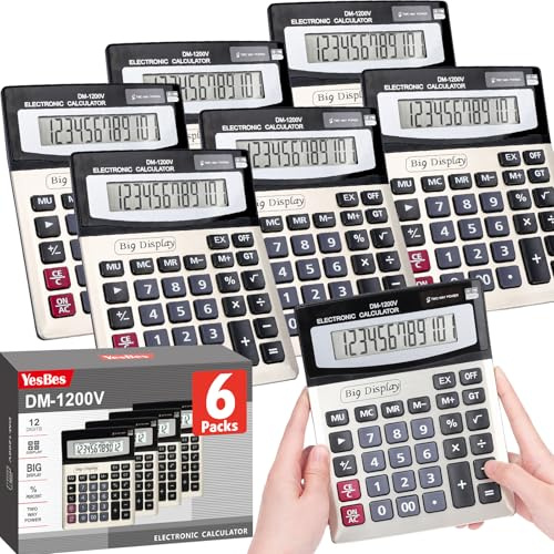 Paquete de 6 calculadoras de escritorio a granel con botones de llave grandes, calculadoras de 12 dígitos de escritorio con pantalla LCD grande, funciona con energía solar y pilas, calculadora de