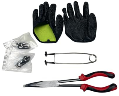 Raubfisch Angelzubehör Set - 6 Teilig zum Spinnfischen Hecht, Zander & Wels | 28cm lange gekröpfte Lösezange, gummierte Maulsperre und zwei Landehandschuhe inklusive Magnet-Clips