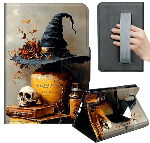 HGGJFLYX Case for Kindle Paperwhite 10th 2019,360 Degree Rotating Multi-Angle Viewing Stand,Hand Strap,PU Leather Tablet Cover 6 for Kindle 10th 2019,Auto Sleep/Wake,Witch's Hat Illustration