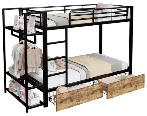SOFTWEARY Etagenbett mit Schubladen, Leiter, Regal, RGB LED-Streifen, Kleiderstange, Lattenrost, Rausfallschutz, Kinderbett, Metallbett (schwarz, 90x200 cm)