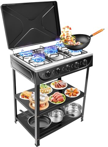 EGBNSY Cucina da Campeggio, Fornello a Gas, Piano Cottura 5 Fuochi con 5 Bruciatori da 2.5kW, Ripiani, Coperchio Antivento, Piedi Antiscivolo, Altezza 82cm, Cucina Campeggio per Campeggio, Camper