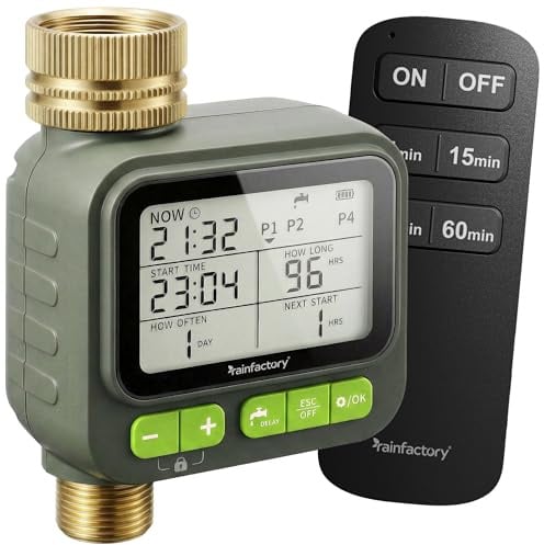 rainfactory - timer irrigazione con telecomando 1 via, centralina irrigazione a batteria IP65, display LCD, 4 programmi, manuale, delay pioggia, raccordo ¾ per giardino, balcone, vasi e orto facile!