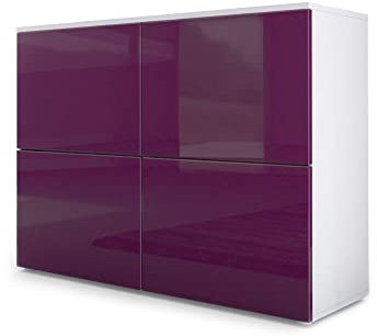 Vladon Sideboard Rova, Made in Germany, Kommode mit 4 Türen, Weiß matt/Brombeer Hochglanz (92 x 72 x 35 cm)