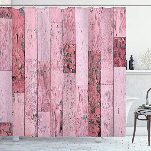 ABAKUHAUS Holz Duschvorhang, Rosa tonte Rustikal Planks, Stoffliches Gewebe Badezimmerdekorationsset mit Haken, 175 x 200 cm, Rosa Baby Pink Grau
