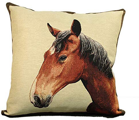 SP S.a.s. Kissenbezug mit Reißverschluss aus Jacquard Baumwollmischgewebe Design Tema Cavalli und Equitation. Lateralpferd in braun mit beigefarbenem Boden. Made in Italy (35 x 35 cm)