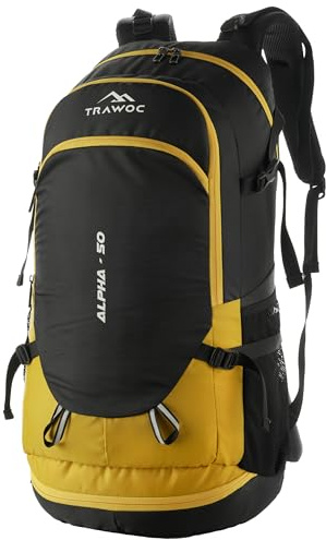 TRAWOC ALPHA 50 Litre Travel Backpack Water Resistant Daypack Bag for Cycling Trekking Hiking Camping for Men & Women, Yellow