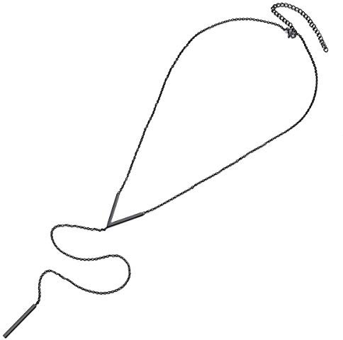 FOCALOOK Damen Kette schwarz Edelstahl V Charms Stäbchen Y-Kette lange Quaste Anhänger mit 45+9cm verstellbar Rolokette Minimalist Collier Modeschmuck für Valentinstag Jahrestag