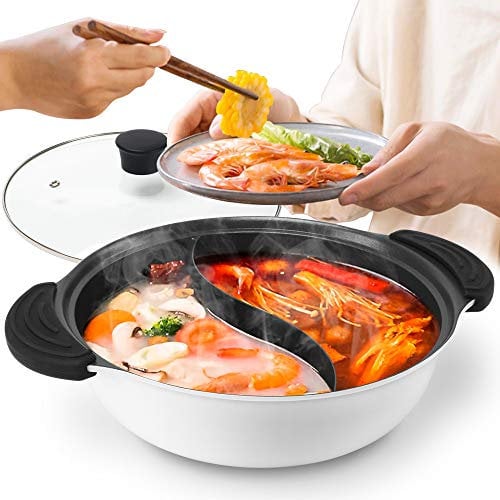 Hot Pot with Divider Non-Stick Casserole Shabu Shabu Pot for Induction Cooktop 10.7’’ Suitable for 2-3 Person (White-10.7'')