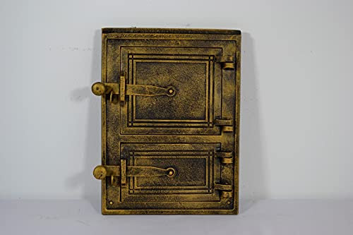 SEZAM Backofentür aus Gusseisen mit 2 Türen - mit Türriegel, Brotofentür - Steinofentür - Pizzaofentür 35 x 3 x 26 cm - rechteckig, altgoldfarben bemalt