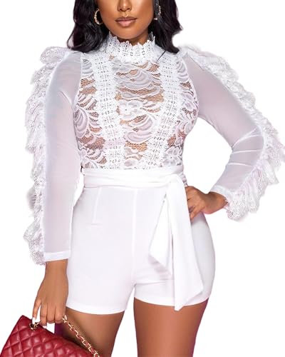 MKQW Sexy Lace Jumpsuit for Women Bodycon Long Sleeve Ruffle Mesh See Short Club Party One Piece Rompers Bodysuit, A-long Sleeve White, S