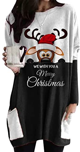 EFOFEI Damen Übergroßer Pullover Mit Lockerer Passform Lässige Tops Mit Taschen Langärmliges Bedrucktes Hemdkleid AFFE Weiß Schwarz L