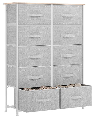 YITAHOME Kommode, Kommode mit 10 Schubladen, Stoffkommode für Schlafzimmer, Wohnzimmer, Schrank,Stabiler Stahlrahmen, Leicht zu Ziehen, Hellgrau Aufbewahrungsschrank