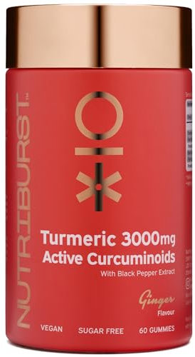 Nutriburst Turmeric Curcumin with Black Pepper Extract - Powerful Antioxidants & Anti-inflammatory, Supports Joint & Muscle Health - Vegan, Sugar Free - 60 Ginger Gummies - 1 Month Supply