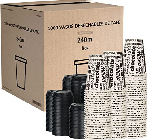 1000 Vasos Desechables de Café para Llevar - Vasos Carton 240 ml 8 Onzas con Tapas para Servir el Café, el Té, Agua, Bebidas Calientes y Frías