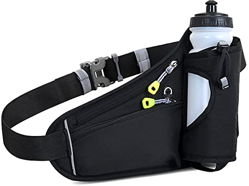 Waist Fanny Pack Waterproof Running Waist Bag Bumbags Cycling Bum Bag with Water Bottle Holder Travel Walking Dog Climbing Hiking Cycling Outdoor Sport Waist Bag with Reflective Strips (Black)