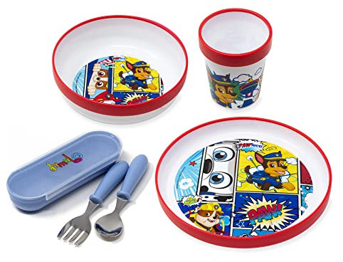 damaloo Kindergeschirr Set rutschfest mit Kinderbesteck BPA frei passend für Paw Patrol Fans - 5-teiliges Kind Geschirrset - Wiederverwendbares Geschirr und Besteck für Kinder und Baby