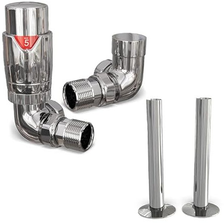 UK Radiators Chrome Thermostatic Radiator Valves and Corner Lockshield Valve - Polished Chrome Finish - Modern Design 1/2 x 15mm Corner Radiator Valves with 130mm Pipe Covers
