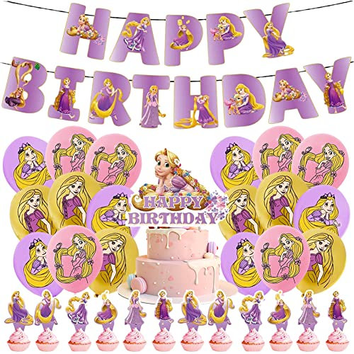 Rap-unz Princesse Ballons pour Anniversaire - Fête Décorations avec Joyeux Anniversaire Gâteau Topper et Bannière, 32Pcs