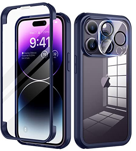 seacosmo for iPhone 14 Pro Max Case 6.7 Inch, Full-Body Shockproof Case with Built-in Glass Screen Protector and Camera Lens Protector Rubber Bumper Case Cover for iPhone 14 Pro Max 2022- Blue/Clear