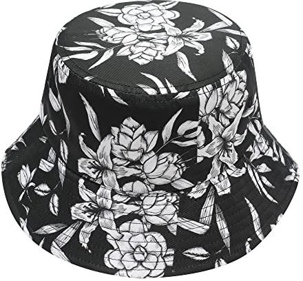ZLYC Männer Frauen Sommer Fischerhüte Obst Hut, Schwarze und weiße Blüten., One Size