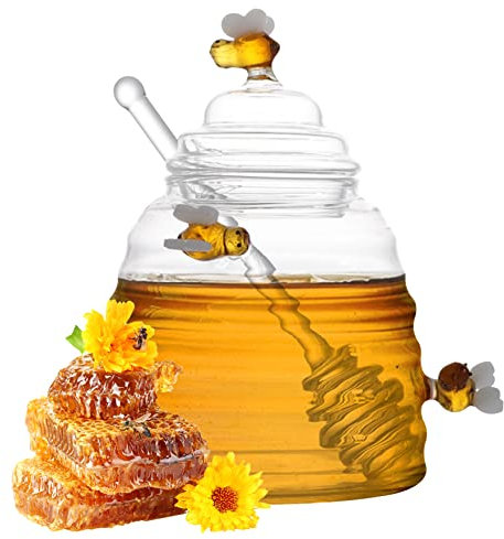 Honey Pot and Drizzler Honey Jar Glass Beehive Honey Pot with Dipper and Lid Glass Honey Bottle Honey Container for Home Kitchen Accessories 250ml (L)