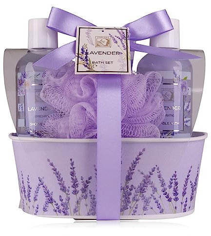 Accentra – Duschset Frauen Geschenkset LAVENDEL in schöner Metallbox – 4-teiliges Pflegeset mit Duschgel, Bodylotion, Schaumbad & Netzschwamm – Wellness Geschenk Set zum Geburtstag, Valentinstag