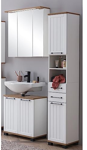 Lomadox Badmöbel Set mit LED-Beleuchtung im Landhaus-Stil, 3-teilig, weiß matt mit Eiche Nb. | 1 Spiegelschrank, 1 Waschbeckenunterschrank, 1 Hochschrank