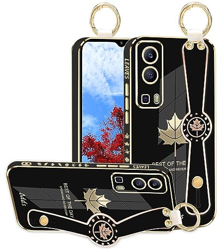 Yarxiawin Kompatibel mit Vivo Y72 5G hülle Silikon mit Band Handschlaufe Stoßfeste Aesthetic, Handyhülle Vivo Y72 5G mit Ständer, Schutzhülle Vivo Y72 5G Case Ahornblatt Muster (Schwarz)