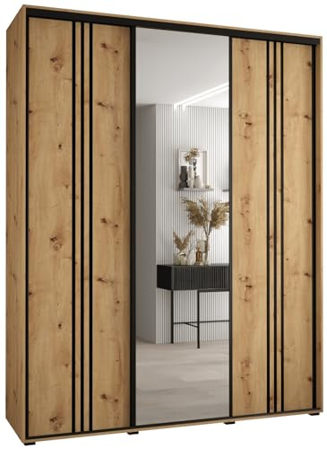 MEBLE KRYSPOL Davos 7 200 Schlafzimmerschrank mit DREI Schiebetüren - Moderner Aufbewahrungsschrank mit Spiegel, Kleiderstange und Regalen - 235,2x200x45 cm - Artisan Artisan Schwarz