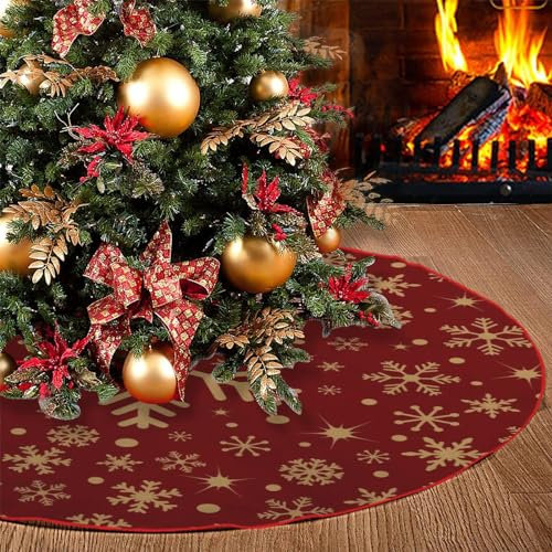 Christmas Tree Skirt 48 Inches(120cm), Gold Snowflakes Red Tree Skirt, Large Christmas Tree Mat with Snow Pattern for Christmas Decorations Party